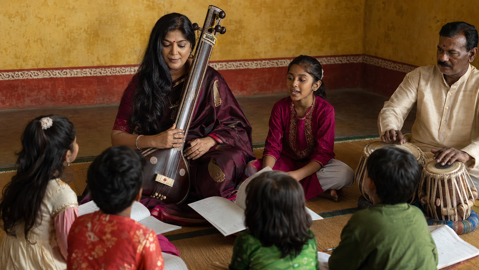 Indian classical music teacher with a tanpura instructing a group of children