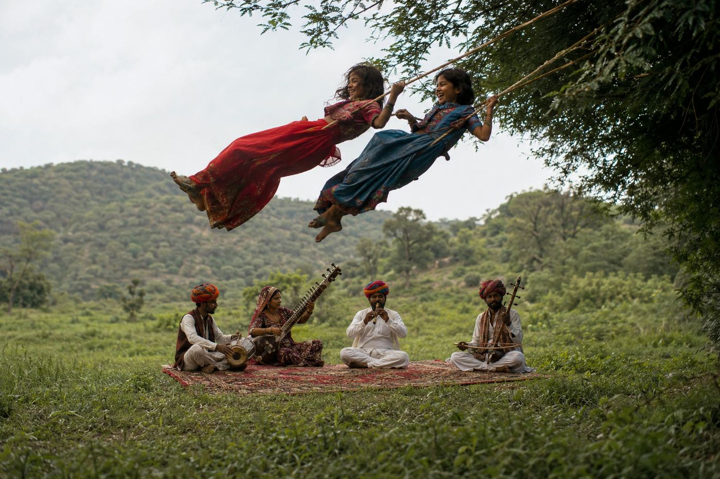 Musicians performing on a rug in a green meadow as children swing above them